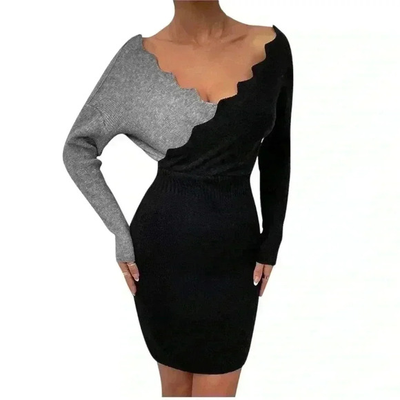 Sweater dress COLOR BLOCK ribbed knit faux wrap bodycon black gray women medium - Picture 2 of 16